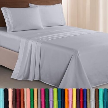 Elegant Comfort Luxurious 1500 Premium Hotel Quality Microfiber Three Line Embroidered Softest 4Piece Bed Sheet Set Wrinkle and Fade Resistant California King SilverLight Grey