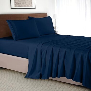 Elegant Comfort Luxury 4Piece Bed Sheet Set Luxury Bedding 1500 Premium Hotel Quality Microfiber Wrinkle Resistant Cool Breathable Easy Elastic Fitted Queen Navy Blue