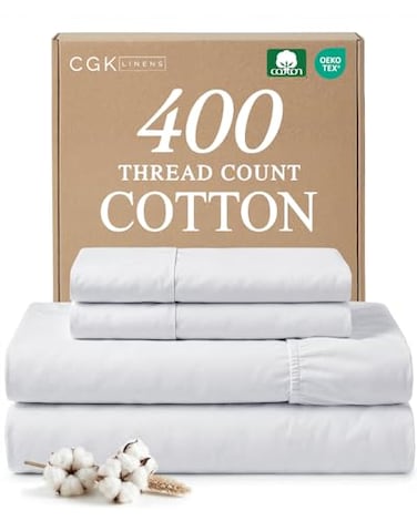 CGK Unlimited 100 Cotton Sheets King 4 Piece 400 Thread Count Smooth Sateen Sheet Set Long Staple Cotton Bed Set Ultra Soft Comfy Breathable 1 Flat 1 Fitted 2 Pillowcases with Deep Pockets White