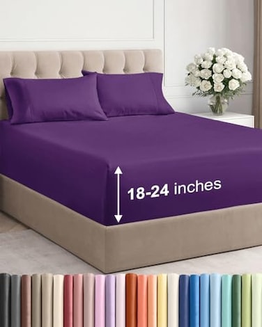CGK Unlimited Extra Deep Queen Sheet Set 4 Piece Breathable Cooling Bed Sheets Easily Fits 18 to 24 inch Mattress Ultra Soft Wrinkle Fade Free w Extra Deep Pockets Comfy Hotel Luxury Bedding Purple