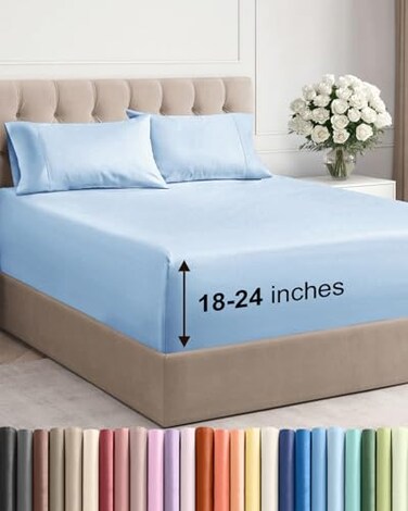 CGK Unlimited Extra Deep Queen Sheet Set 4 Piece Breathable Cooling Bed Sheets Easily Fits 18 to 24 inch Mattress Ultra Soft Wrinkle Fade Free w Extra Deep Pockets Hotel Luxury Bedding Light Blue