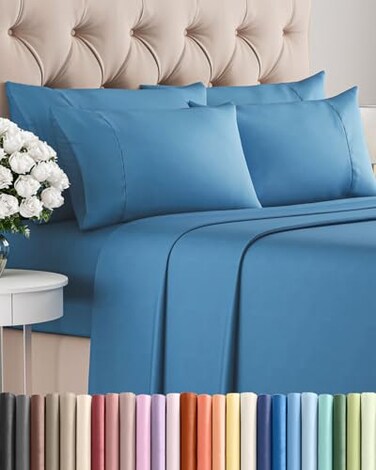 CGK Unlimited Cal King 6 Piece Sheet Set Comfy Breathable Cooling Soft Hotel Luxury Bedding Set with 816 Inch Deep Pockets 1 Flat 1 Fitted Sheet 4 Pillowcases Wrinkle Free Easy Care Denim Blue