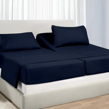 NON Sticky Split King Sheet Sets for Adjustable Beds Deep Pocket Twin XL Fitted Sheet Sets for Adjustable Bed Split King 100 Extra Long Staple Cotton Deep Pocket Sheets 1018 Inches Navy Blue Solid