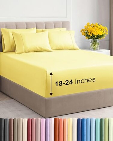 CGK Unlimited Extra Deep Cal King Sheet Set 6 Piece Breathable and Cooling Sheets Hotel Luxury Bedding for Women Men Kids Teens Easy Secure Fit Soft Wrinkle Free Comfy Extra Deep Pockets Yellow