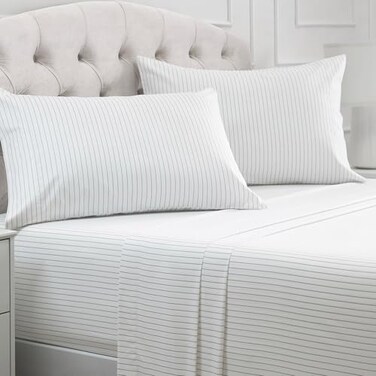Mellanni California King Sheets Set 4 PC Iconic Collection Bedding Hotel Luxury Extra Soft Cooling Bed Sheets Wrinkle Fade Stain Resistant Cal King Pinstripe Gray