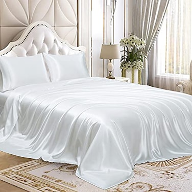 Homiest 3pcs Satin Sheets Set Luxury Silky Satin Bedding Set with Deep Pocket 1 Fitted Sheet 1 Flat Sheet 1 Pillowcase Twin Size White