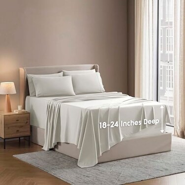 Nestl Extra Deep Queen Sheet Set 6 Piece Breathable Cooling Sheets Hotel Luxury Bedding Set w1824 Inch Deep Pockets Easy Secure Fit Super Soft Wrinkle Free Comfy Off White