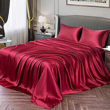 Vonty Satin Sheets Twin Silky Soft Satin Bed Sheets Burgundy Sheet Set 1 Deep Pocket Fitted Sheet 1 Flat Sheet 1 Pillowcases