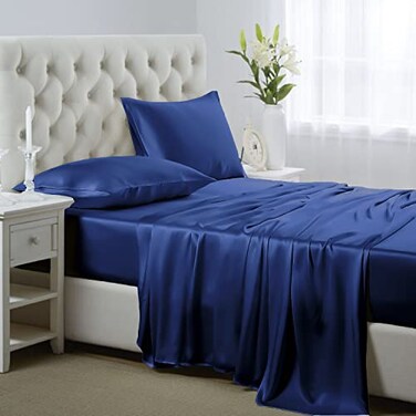 Lanest Housing Silk Satin Sheets Twin Size Satin Bed Sheet Set with Deep Pockets Cooling Soft and Hypoallergenic Satin Sheets Twin Navy Blue