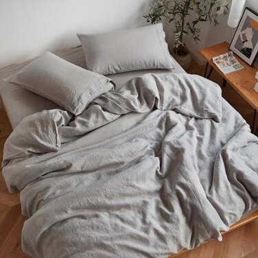 Sijo Stone Washed Organic French Linen Bed Sheet Set GOTS Best Cooling Linen Sheet Award by Sleep Foundation 4 Piece 2 Pillowcases 1 Fitted and 1 Flat Dove Queen