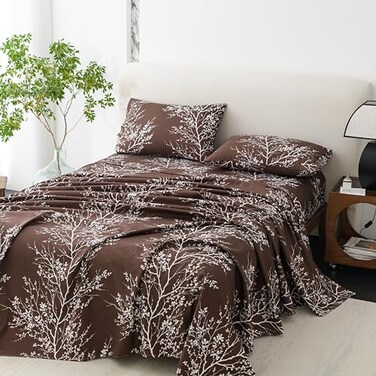 Spirit Linen home Queen Size Bed Sheets Pure Microfiber 4 Piece Polyester Bed Sheets Fitted Sheet Pillow Cases Queen Sheets for All Seasons Foliage ChocolateWhite Queen