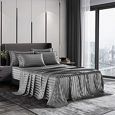 AiMay 6 Piece Satin Italian Style Bed Sheet Set Deep Pocket Stripes 1800 Luxury Rich Silk 1 Flat Sheet 1 Fitted Sheet 4 Envelope Pillowcases StainResistant Wrinkle Free King Grey