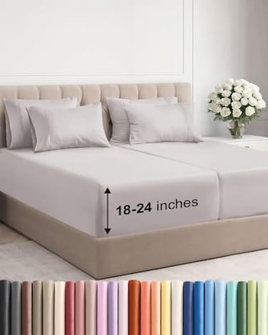 CGK Unlimited Extra Deep Split King Sheet Set 7 Piece Breathable and Cooling Sheets Hotel Luxury Bedding for Women Men Kids Teens Easy Secure Fit Soft Wrinkle Free Extra Deep Pockets Light Grey