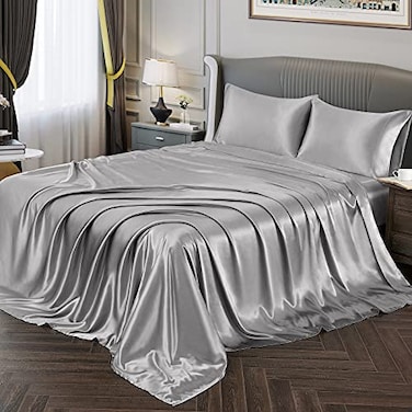 Vonty Satin Sheets Twin Silky Soft Satin Bed Sheets Silver Grey Sheet Set 1 Deep Pocket Fitted Sheet 1 Flat Sheet 1 Pillowcases