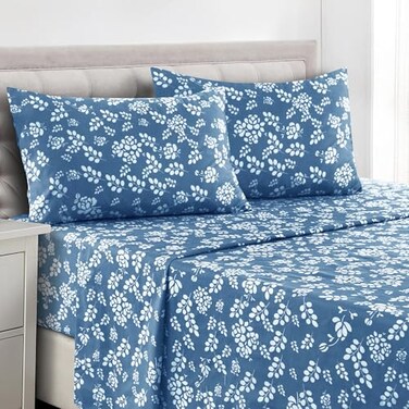 LDC LUX LUX Dcor Floral Queen Sheet Set 4 Piece UltraSoft Microfiber Bed Sheets with Flat Sheet 16 Inches Deep Pocket Fitted Sheet Pillowcases Breathable Bedroom Decor OekoTEX Navy Blue