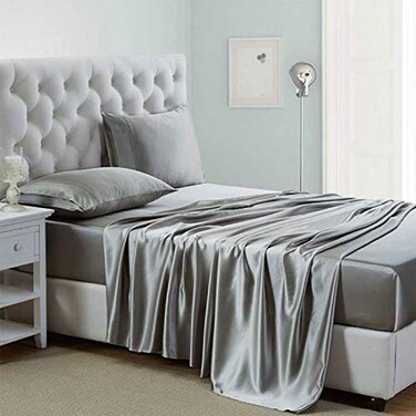 Lanest Housing Silk Satin Sheets King Size Satin Bed Sheet Set with Deep Pockets Cooling Soft and Hypoallergenic Satin Sheets King Light Gray