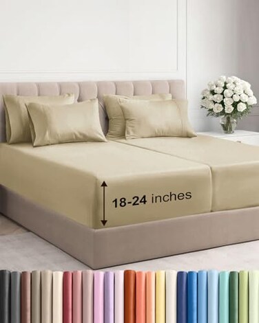 CGK Unlimited Extra Deep Split King Sheet Set 7 Piece Breathable and Cooling Sheets Hotel Luxury Bedding for Women Men Kids Teens Easy Secure Fit Soft Wrinkle Free Comfy Extra Deep Pockets Beige