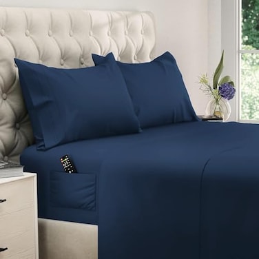 DREAMCARE Queen Sheet Set 4 pcs Breathable Cooling Sheets up to 15 Deep Pocket Queen Sheets Set with Side Pockets Extra Soft 100 Brushed Hypoallergenic Hotel Luxury Bedding Navy Blue