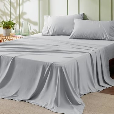 Bedsure Queen Sheet Set 4 Pieces Soft Queen Size Sheets Breathable Cooling Hotel Luxury Easy Care Polyester Microfiber Bedding for Kids Women Men Light Grey