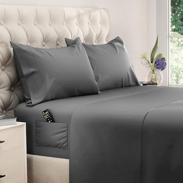 DREAMCARE King Size Sheets Set 4 pcs Breathable Cooling Sheets up to 21 Extra Deep Pocket King Sheet Set with Side Pockets Extra Soft 100 Brushed Hypoallergenic Hotel Luxury Bedding Dark Gray