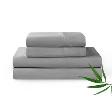 YnM Cooling Bed Sheet Set with 100 Percent Rayon Derived from Bamboo 400TC Fabric with 2 Pillowcases and Flat Sheet Deep Pocket Fit 19 SilkySoft Sweat Wicking 4 Piece Queen Dark Grey