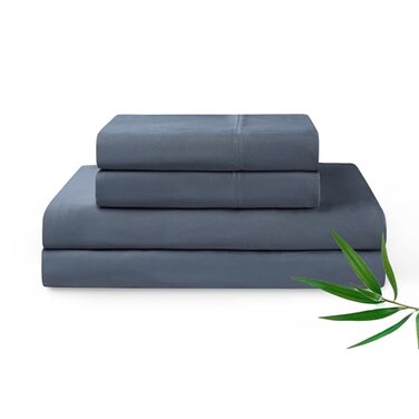 YnM Cooling Bed Sheet Set with 100 Percent Rayon Derived from Bamboo 500TC Fabric with 2 Pillowcases and Flat Sheet Deep Pocket Fit 19 SilkySoft Sweat Wicking 4 Piece King Blue Grey