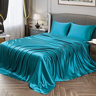 Vonty Satin Sheets Twin Silky Soft Satin Bed Sheets Teal Sheet Set 1 Deep Pocket Fitted Sheet 1 Flat Sheet 1 Pillowcases