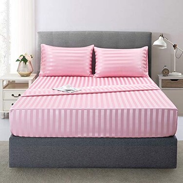 Lanest Housing SatinSilk Sheets King Size Bed Set Pink Soft Cooling Deep Pocket King Sheets Hypoallergenic Wrinkle and Fade Resistant Bedding Set Striped