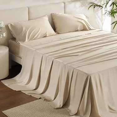 Bedsure Queen Sheet Set Rayon Derived from Bamboo Cooling Sheets Deep Pocket Up to 16 PureWoven Breathable Soft Hotel Luxury Silky Bedding for Hot Sleepers Beige
