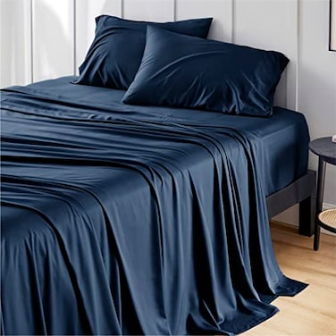 Bedsure Full Size Bed Sheets Cooling Sheets Rayon Derived from Bamboo PureWoven Breathable Soft Deep Pocket Up to 16 Inches Hotel Luxury Silky Bedding for Hot Sleepers Navy