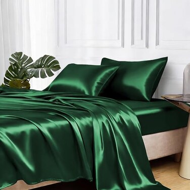 MR&HM MRHM Satin Bed Sheets Queen Size Sheets Set 4 Pcs Silky Bedding Set with 15 Inches Deep Pocket for Mattress Queen Dark Green