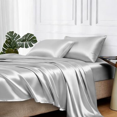 MR&HM MRHM Satin Bed Sheets King Size Sheets Set 4 Pcs Silky Bedding Set with 15 Inches Deep Pocket for Mattress King Silver Grey