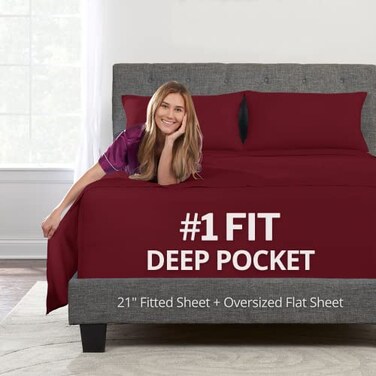 DeaLuxe Deep Pocket Queen Sheet Sets 21 Inch Extra Deep Pocket 4 Piece Bedding Sheets Pillowcases with Oversize Flat Sheet Burgundy Pomegranate