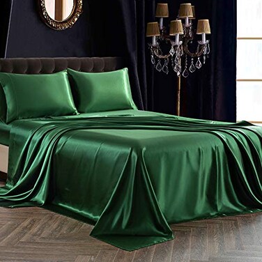 SiinvdaBZX 4Pcs Satin Sheet Set Full Size Ultra Silky Soft Emerald Green Satin Full Bed Sheets with Deep Pocket 1 Fitted Sheet 1 Flat Sheet 2 Envelope Closure Pillowcases