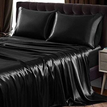 SiinvdaBZX 4Pcs Satin Sheet Set King Size Ultra Silky Soft Black Satin King Bed Sheets with Deep Pocket 1 Fitted Sheet 1 Flat Sheet 2 Envelope Closure Pillowcases