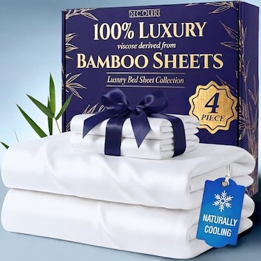 DECOLURE 100 Viscose Derived from Bamboo Sheets King Size Luxury 4 Pc Naturally Cooling Sheets Ultra Soft Bed Set Deep 17 Pockets Durable Double Stitching Oeko Tex Standard White