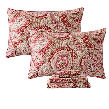 FADFAY Luxury Paisley Sheets Set King Classy Red and Gold Floral Farmhouse Bedding Elegent Red Paisley Bedding Set 100 Cotton Super Soft Hypoallergenic Deep Pocket Fitted Sheet 4Pieces King Size