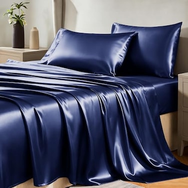 CozyLux Satin Sheets Queen Size Bed Set Silky Soft Bedding Similar to Silk 4 Piece Sheet Set for Hair and Skin Deep Pocket with AllAround Elastic Home Decor for Bedroom Navy