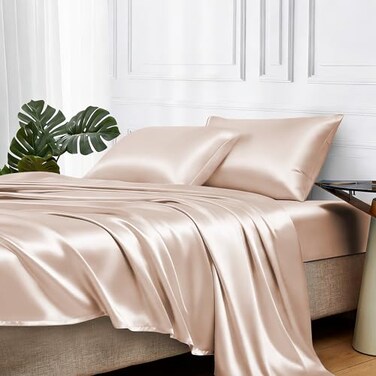 MR&HM MRHM Satin Bed Sheets Twin XL Size Sheets Set 3 Pcs Silky Bedding Set with 15 Inches Deep Pocket for Mattress Twin XL Champagne