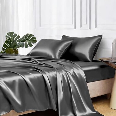 MR&HM MRHM Satin Bed Sheets California King Size Sheets Set 4 Pcs Silky Bedding Set with 15 Inches Deep Pocket for Mattress California King Dark Grey