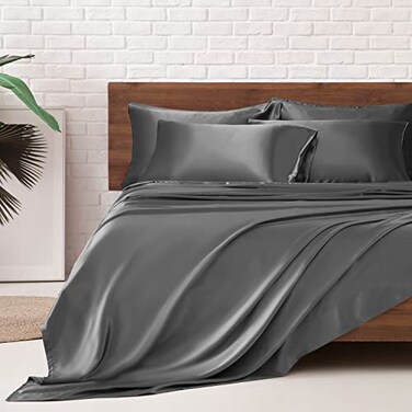 MR&HM MRHM Satin Bed Sheets King Size Sheets Set 6 Pcs Silky Bedding Set with 15 Inches Deep Pocket for Mattress King Dark Grey