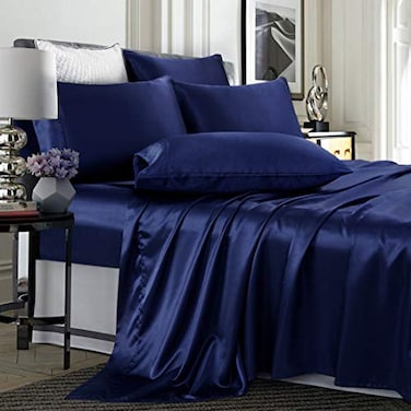 TREELY 6 Piece Satin Sheets Full Size Silky Smooth Navy Blue Sheet Set with Deep Pocket Fitted Sheet Flat Sheet 4 Pillowcases