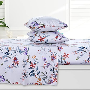 AZORES HOME King Organic Cotton Sateen Sheet Set Deep Pocket 300 Thread Count 4Piece Luxury Bedding Estella Multicolor