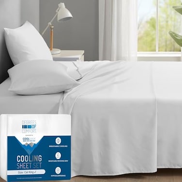 Degrees of Comfort Coolmax Cooling Bed Sheets California King Size for Hot Sleepers Moisture Wicking Sheet Set for Night Sweats Deep Pocket Ultra Soft Cozy for All Seasons White 4 Pieces