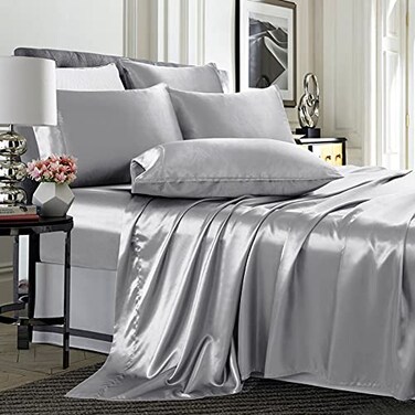 TREELY 6 Piece Satin Sheets Full Size Silky Smooth Silver Grey Sheet Set with Deep Pocket Fitted Sheet Flat Sheet 4 Pillowcase