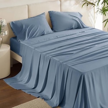 Bedsure California King Sheet Sets Cooling Sheets Rayon Derived from Bamboo PureWoven Breathable Soft Deep Pocket Up to 16 Inches Hotel Luxury Silky Bedding for Hot Sleepers Dusty Blue
