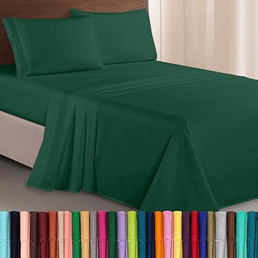 Elegant Comfort Luxurious 1500 Premium Hotel Quality Microfiber Three Line Embroidered Softest 4Piece Bed Sheet Set Wrinkle and Fade Resistant Full Hunter Green