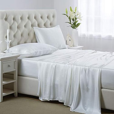 Lanest Housing Silk Satin Sheets California King Size Satin Bed Sheet Set with Deep Pockets Cooling Soft and Hypoallergenic Satin Sheets Cal King Ivory