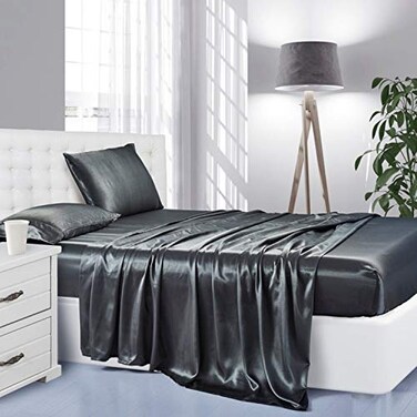 Lanest Housing Silk Satin Sheets California King Size Satin Bed Sheet Set with Deep Pockets Cooling Soft and Hypoallergenic Satin Sheets Cal King Grey