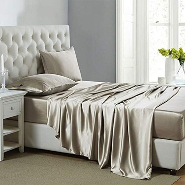 Lanest Housing Silk Satin Sheets California King Size Satin Bed Sheet Set with Deep Pockets Cooling Soft and Hypoallergenic Satin Sheets Cal King Taupe